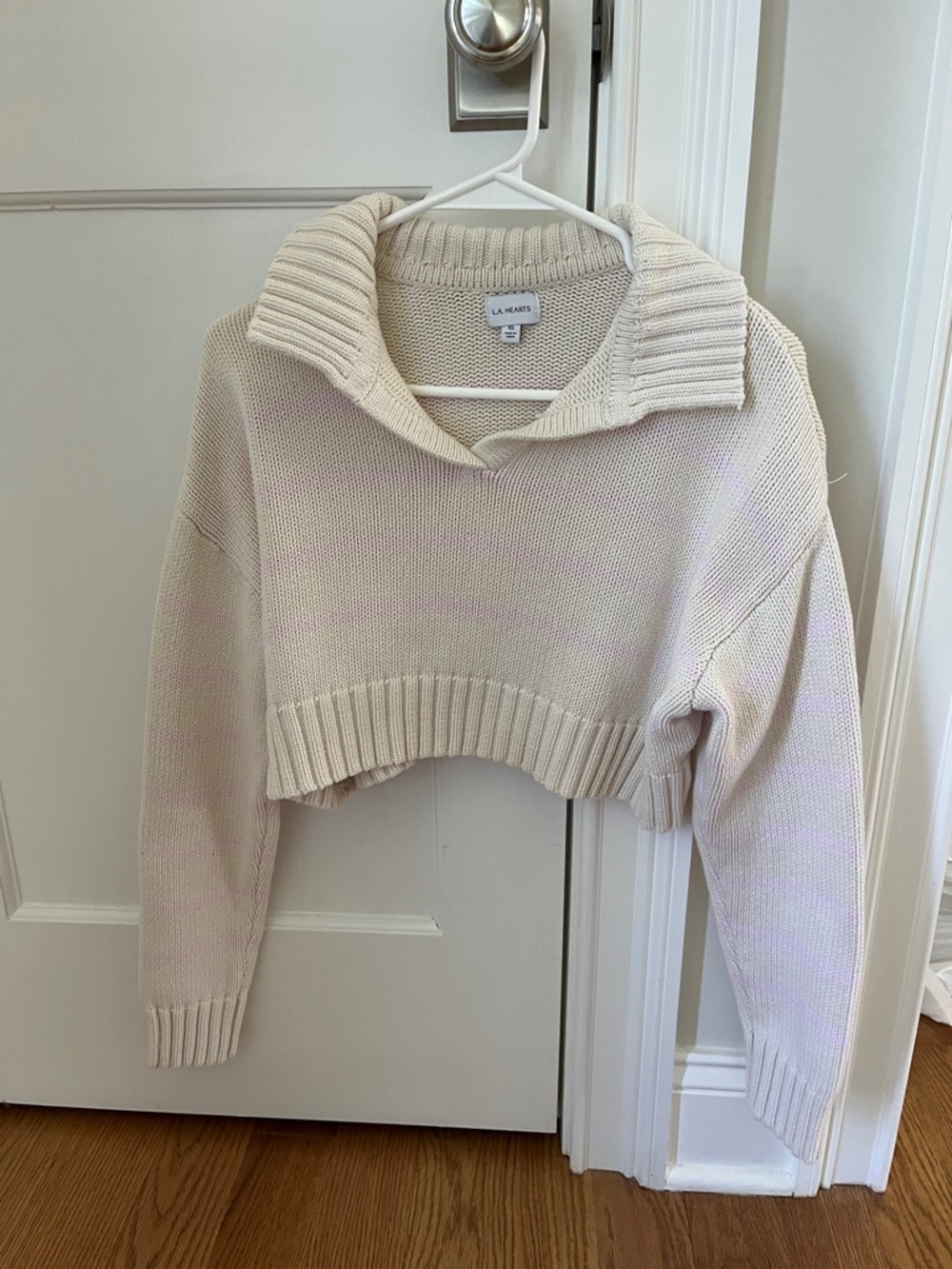 La Hearts Cream and Pink Cropped Collared Sweater